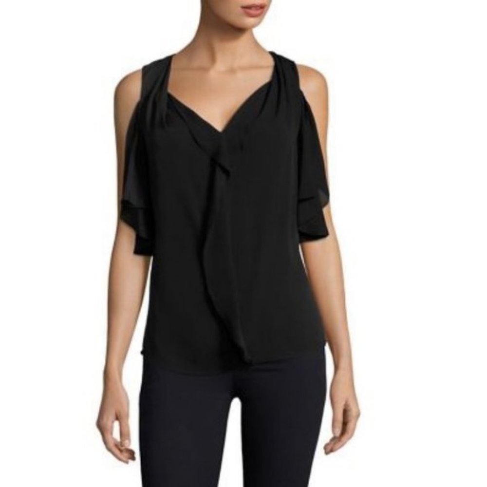 Kobi Halperin 100% Silk Rochelle Cold Shoulder Black Top Size XS Ruffle Blouse